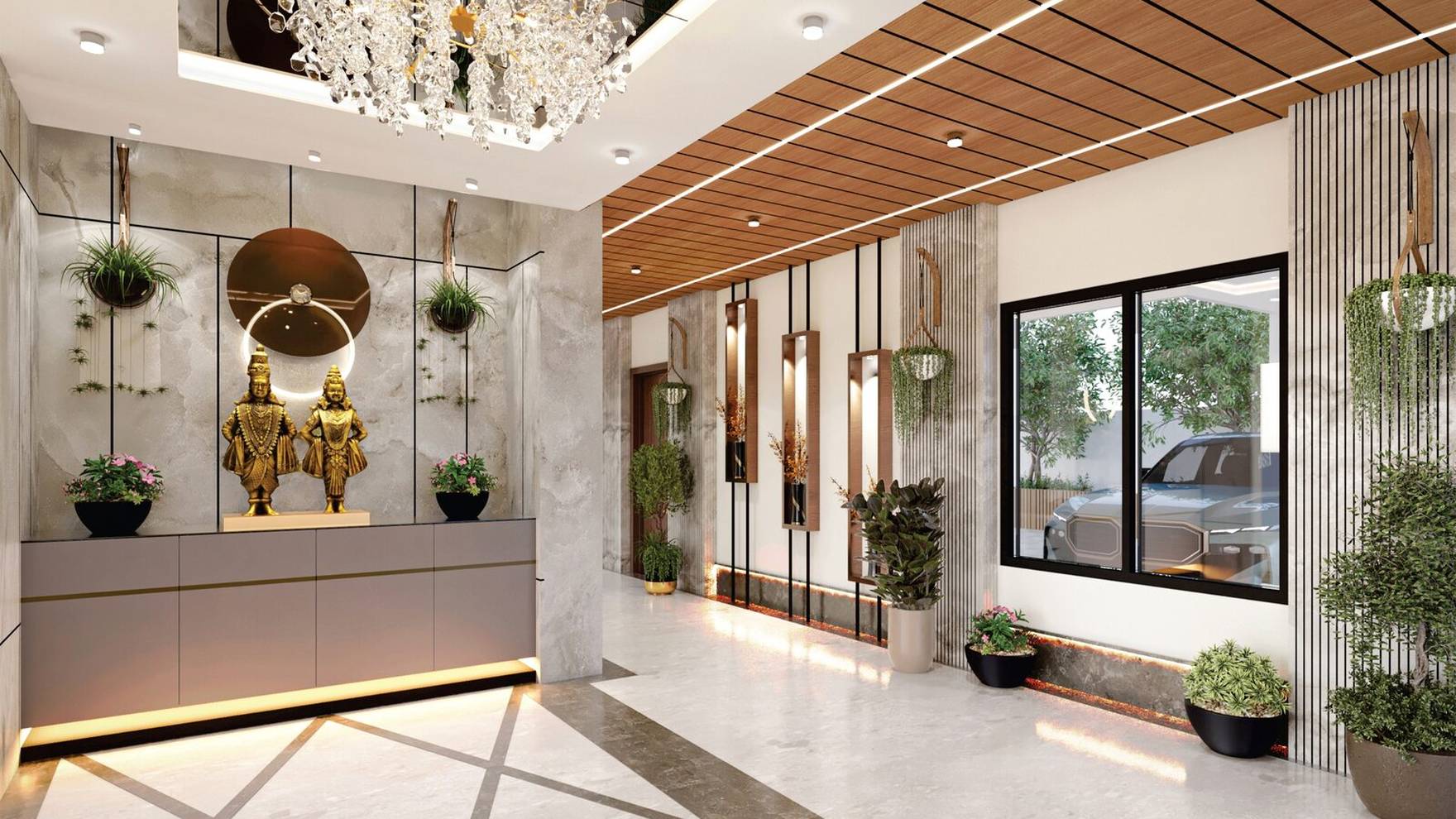 The finished entrance lobby of a Rui Universal residence, Pune